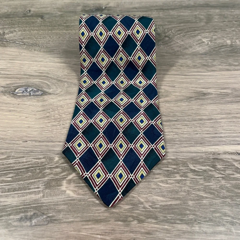 ENZO FELINI Paris Mens Handmade Silk Tie Navy Green Gold Diamond Pattern Formal